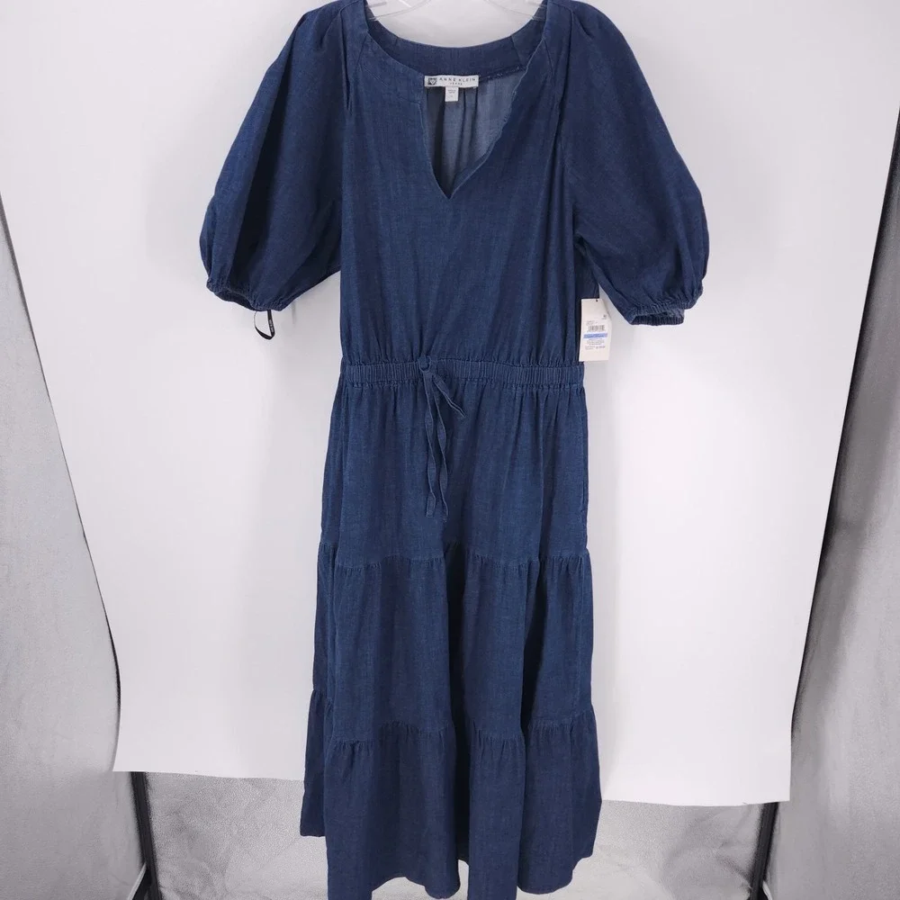 Anne Klein Jeans Puff Sleeve Tiered Denim Midi Dress Dark Wash Womens Size XL - Picture 2 of 12
